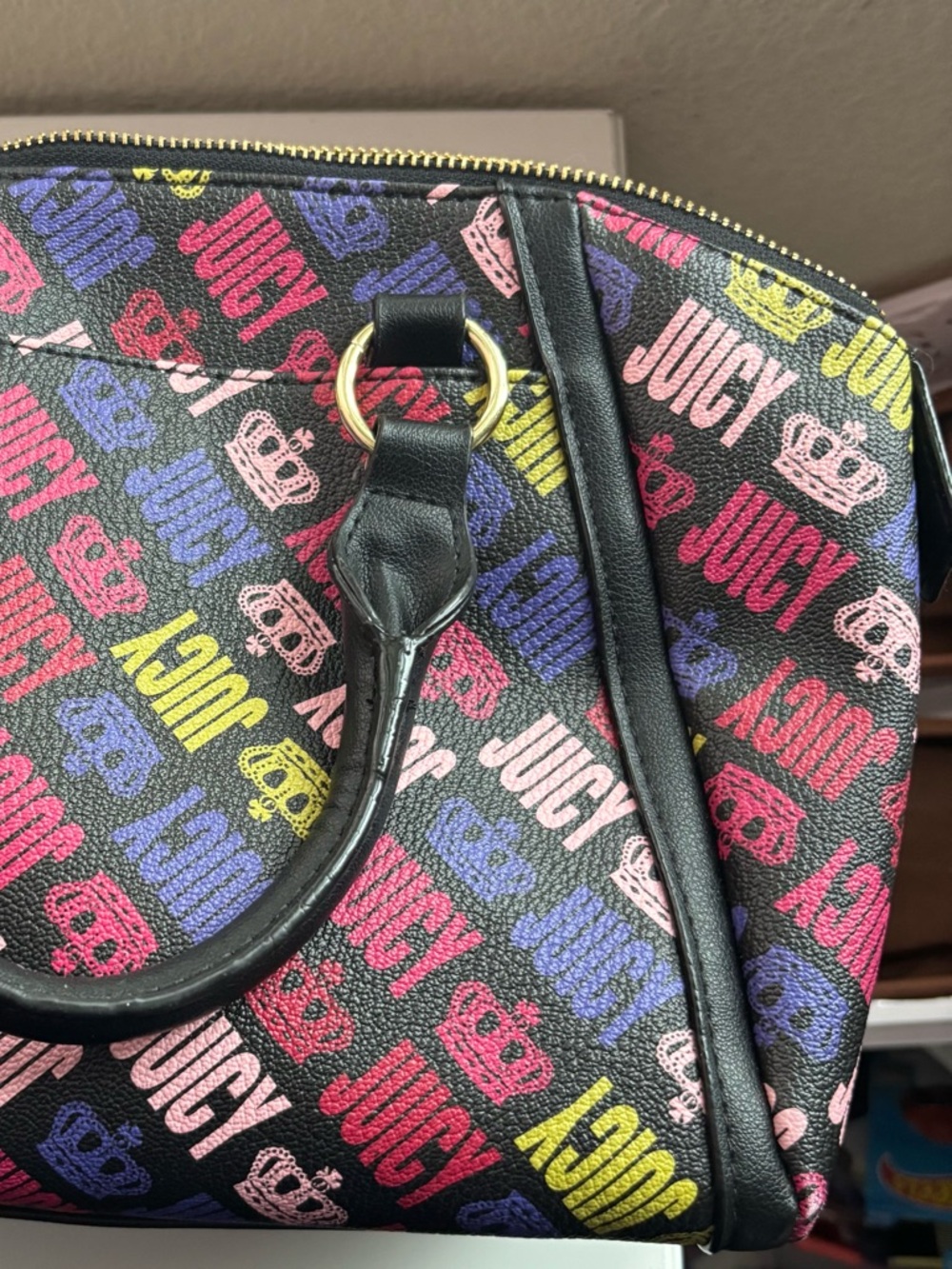 Juicy Couture Black Dome Satchel with Multicolor Logo Print
